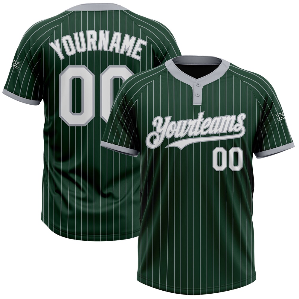 Green Gray Pinstripe White Two Button Unisex Softball Jersey, Custom Team Softball Jersey Green Gray Pinstripe White Two Button Unisex Softball Jersey, Custom Team Softball Jersey