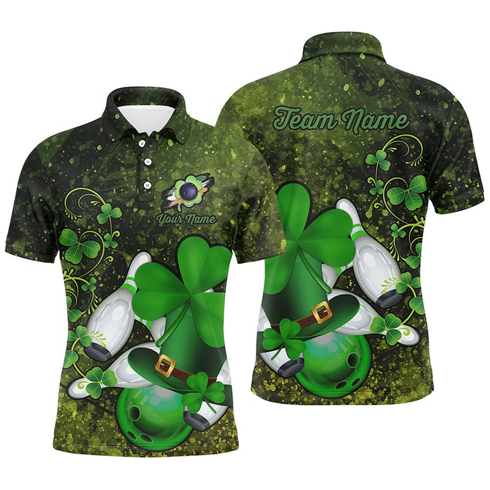 Green Grunge Shamrock Mens Polo Bowling Shirts Custom St Patrick Day Team League Bowling Polo Shirt, Personalized Bowling Team Shirt Green Grunge Shamrock Mens Polo Bowling Shirts Custom St Patrick Day Team League Bowling Polo Shirt, Personalized Bowling Team Shirt