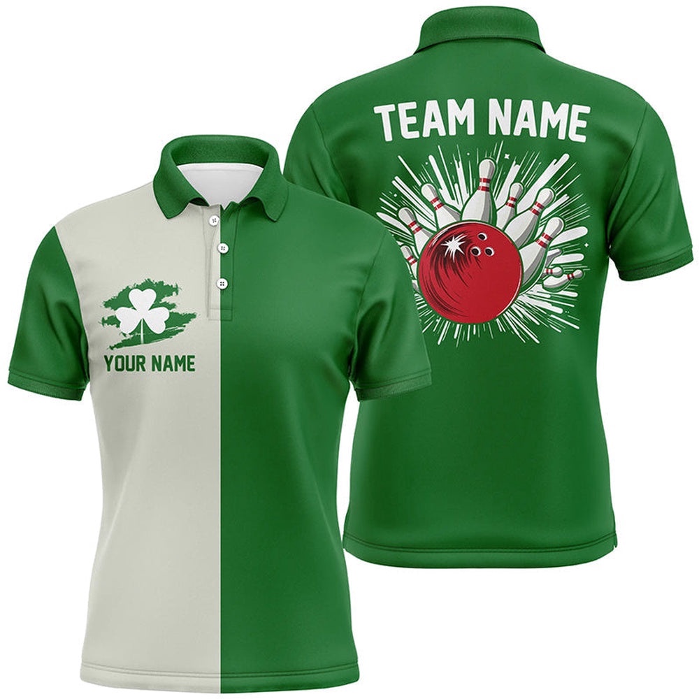 Green Lucky Clover Retro Mens Bowling Polo Shirts Custom St Patrick Day Team Bowling Polo Shirt, Personalized Bowling Team Shirt Green Lucky Clover Retro Mens Bowling Polo Shirts Custom St Patrick Day Team Bowling Polo Shirt, Personalized Bowling Team Shirt