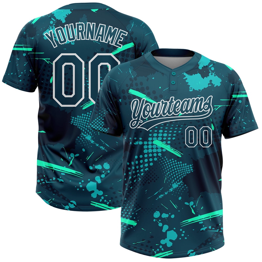 Green Midnight Green Teal 3D Pattern Two Button Unisex Softball Jersey, Custom Team Softball Jersey Green Midnight Green Teal 3D Pattern Two Button Unisex Softball Jersey, Custom Team Softball Jersey