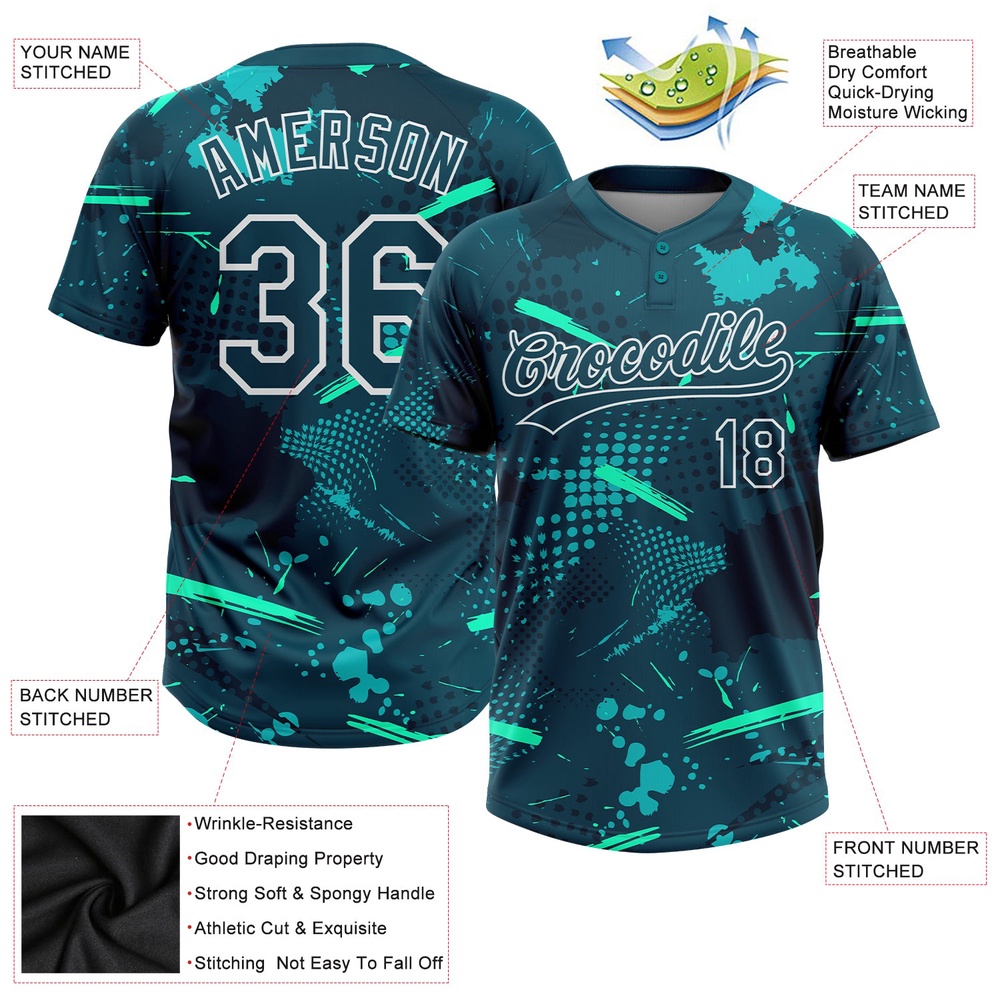 Green Midnight Green Teal 3D Pattern Two Button Unisex Softball Jersey, Custom Team Softball Jersey Green Midnight Green Teal 3D Pattern Two Button Unisex Softball Jersey, Custom Team Softball Jersey