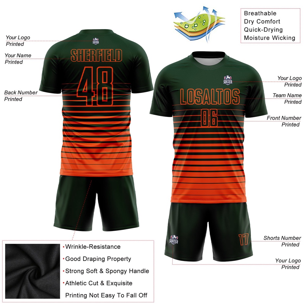 Green Orange Pinstripe Fade Fashion Sublimation Soccer Uniform Jersey, Custom Team Soccer Jersey Shirt