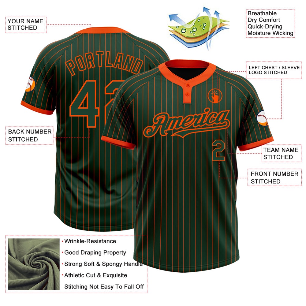 Green Orange Pinstripe Orange Two Button Unisex Softball Jersey, Custom Team Softball Jersey Green Orange Pinstripe Orange Two Button Unisex Softball Jersey, Custom Team Softball Jersey
