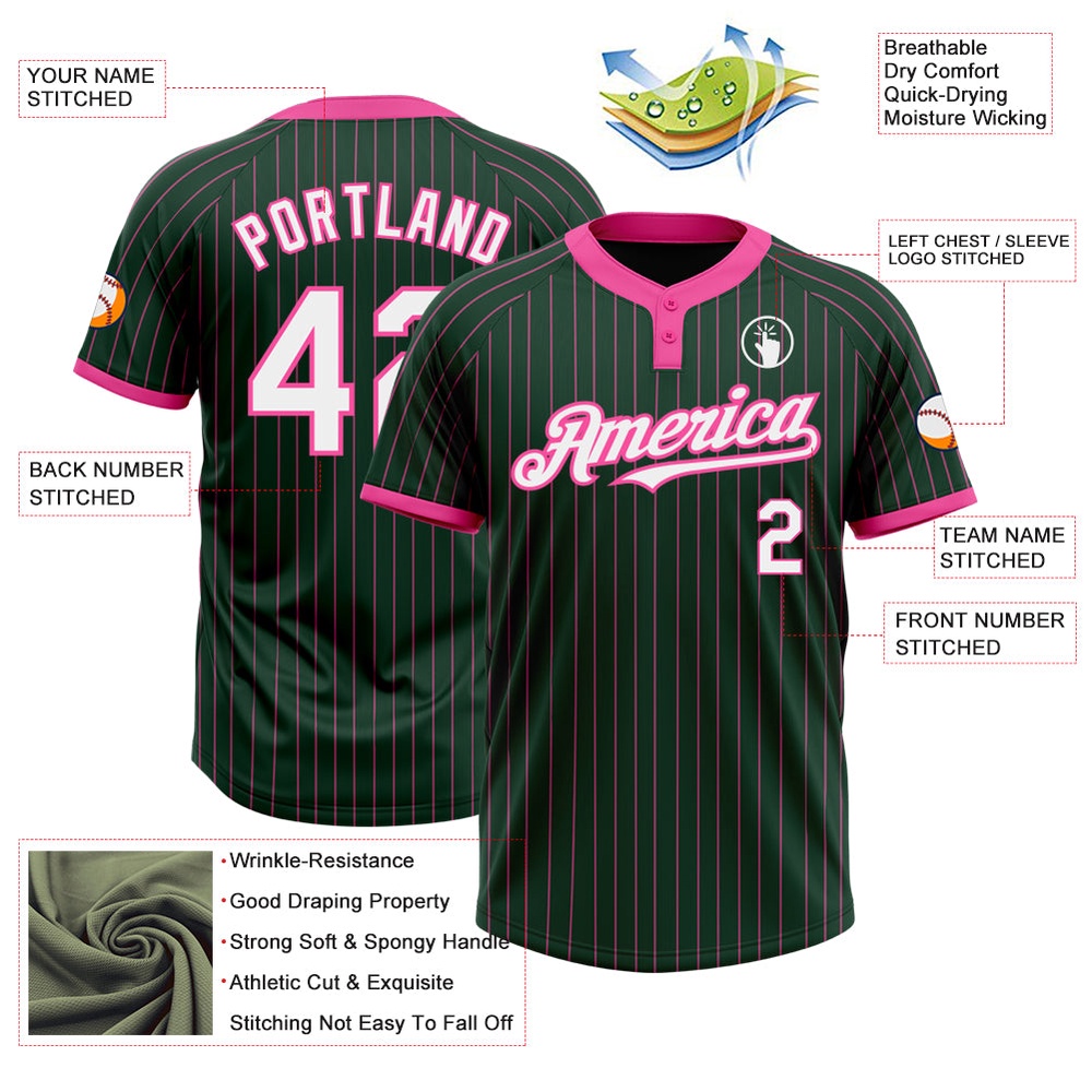Green Pink Pinstripe White Two Button Unisex Softball Jersey, Custom Team Softball Jersey Green Pink Pinstripe White Two Button Unisex Softball Jersey, Custom Team Softball Jersey