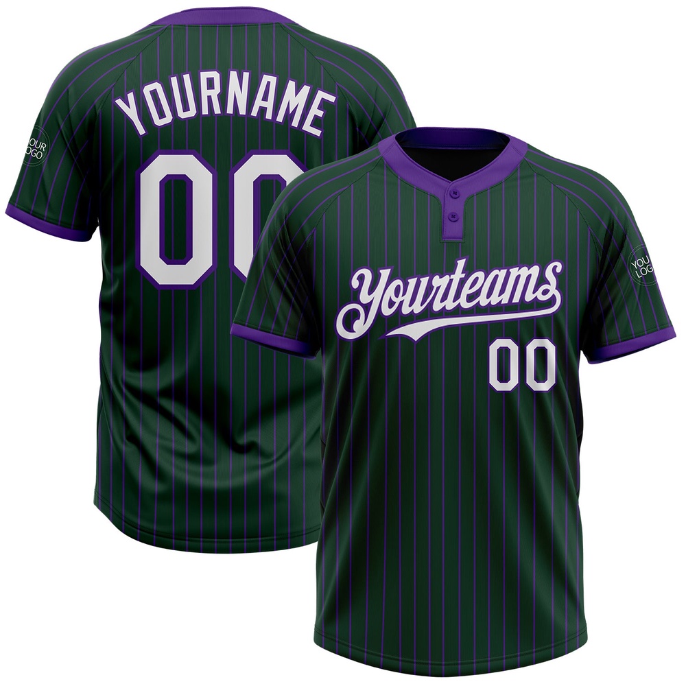 Green Purple Pinstripe White Two Button Unisex Softball Jersey, Custom Team Softball Jersey Green Purple Pinstripe White Two Button Unisex Softball Jersey, Custom Team Softball Jersey