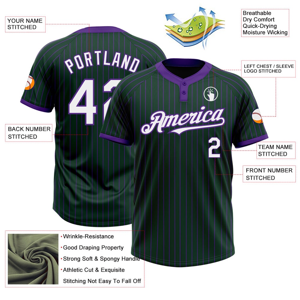 Green Purple Pinstripe White Two Button Unisex Softball Jersey, Custom Team Softball Jersey Green Purple Pinstripe White Two Button Unisex Softball Jersey, Custom Team Softball Jersey