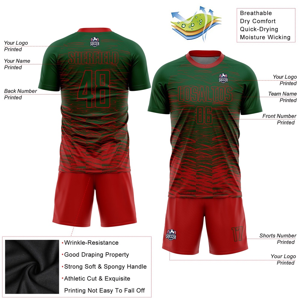 Green Red Sublimation Soccer Uniform Jersey, Custom Team Soccer Jersey Shirt Green Red Sublimation Soccer Uniform Jersey, Custom Team Soccer Jersey Shirt