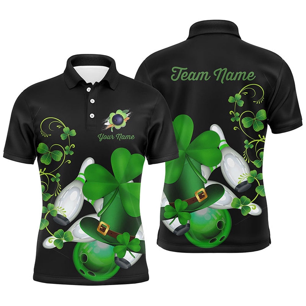Green Shamrock Mens Polo Bowling Shirts Custom St Patrick Day Black Team League Bowling Polo Shirt, Personalized Bowling Team Shirt Green Shamrock Mens Polo Bowling Shirts Custom St Patrick Day Black Team League Bowling Polo Shirt, Personalized Bowling Team Shirt