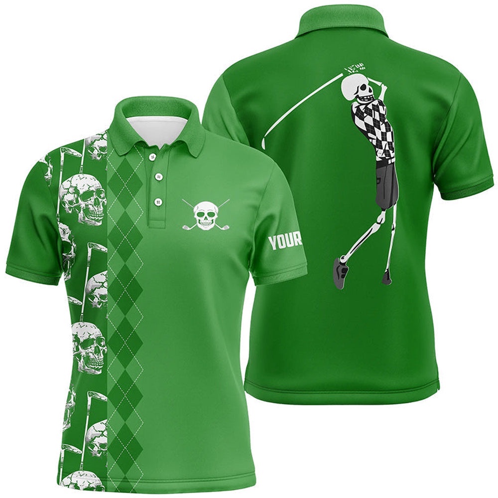 Green Skull Argyle Pattern Custom Men’s Best Men’s Golf Wear, Golf Polo Shirt, Golf Shirts