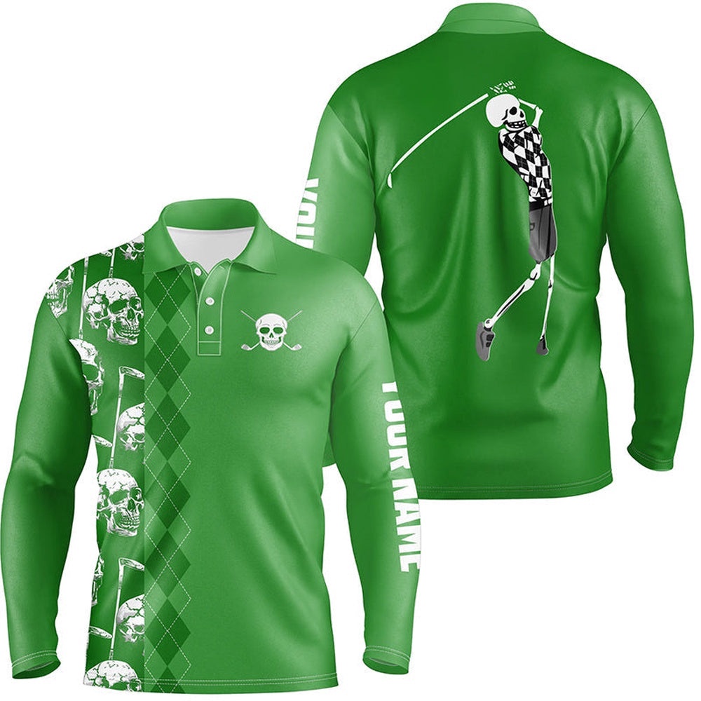 Green Skull Argyle Pattern Custom Men’s Best Men’s Golf Wear, Golf Polo Shirt, Golf Shirts
