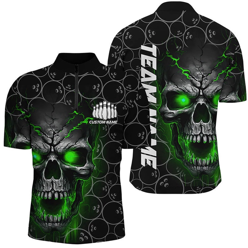 Green Skull Bowling Jersey For Men, Bowling Pattern Bowling Team Jersey, Custom Bowling Team Jersey Shirt