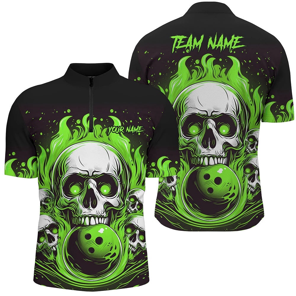 Green Skull Bowling Team Shirts, Flame Bowling Jersey Bowlers Shirts For Men And Women, Custom Bowling Team Jersey Shirt