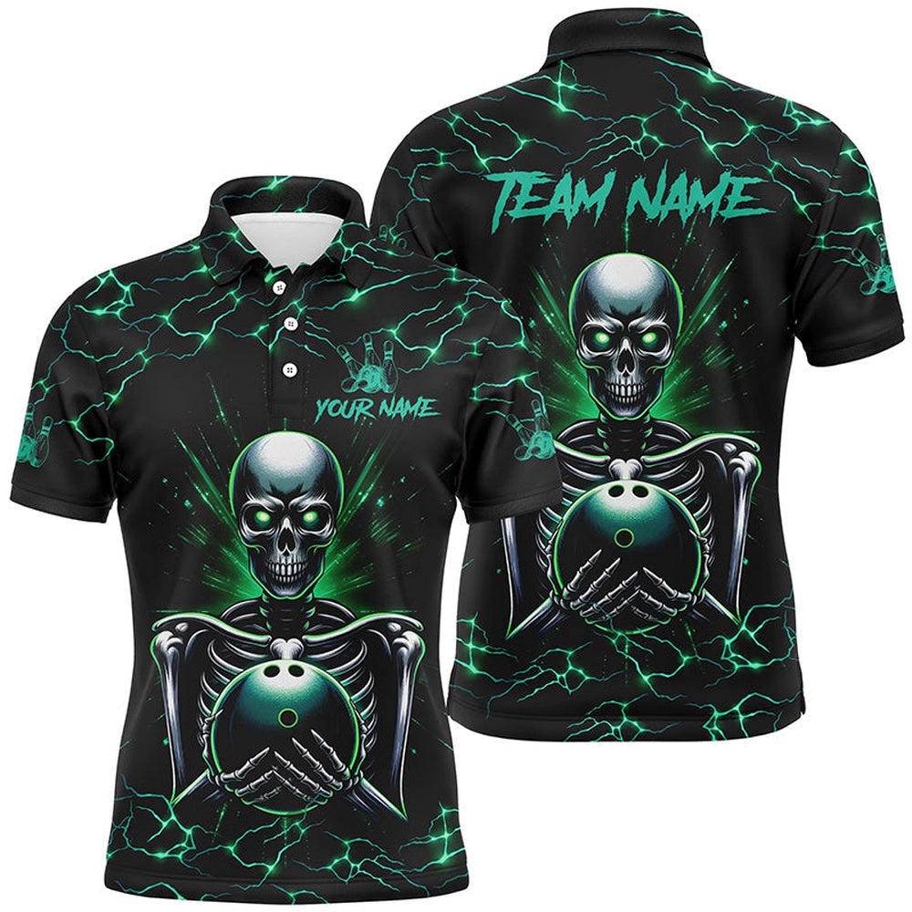 Green Skull Lightning Bowling Polo Shirt For Men Custom Team Bowling Polo Shirt For Men, Gift For Bowlers, Personalized Bowling Team Shirt Green Skull Lightning Bowling Polo Shirt For Men Custom Team Bowling Polo Shirt For Men, Gift For Bowlers, Personalized Bowling Team Shirt