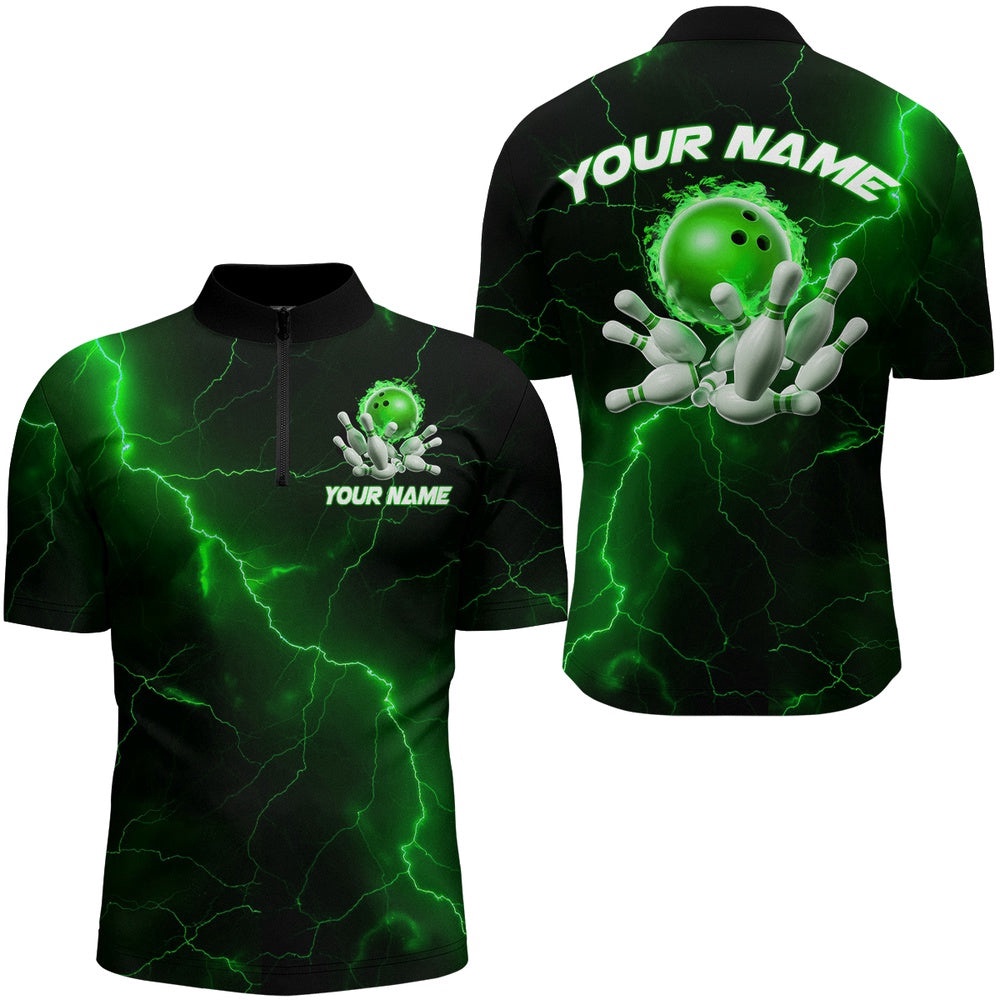 Green Thunder Lightning Flame Bowling Ball Bowling Team Shirts For Men And Women Bowlers, Custom Bowling Team Jersey Shirt