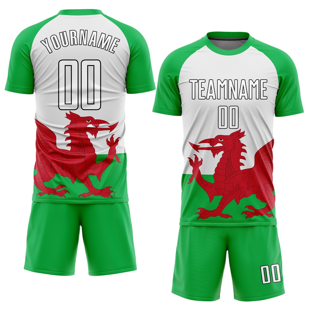 Green White Red Black Sublimation Welsh Flag Soccer Uniform Jersey, Custom Team Soccer Jersey Shirt Green White Red Black Sublimation Welsh Flag Soccer Uniform Jersey, Custom Team Soccer Jersey Shirt