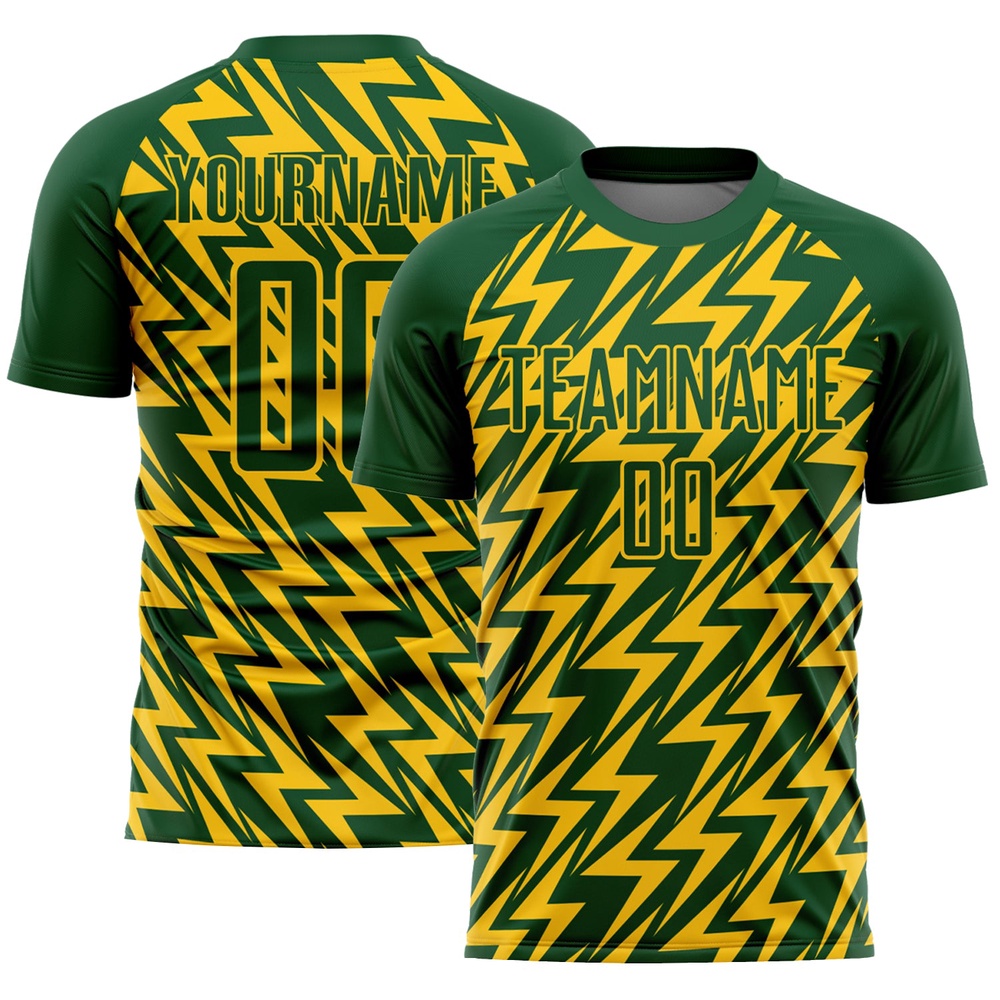Green Yellow Lightning Sublimation Soccer Uniform Jersey, Custom Team Soccer Jersey Shirt