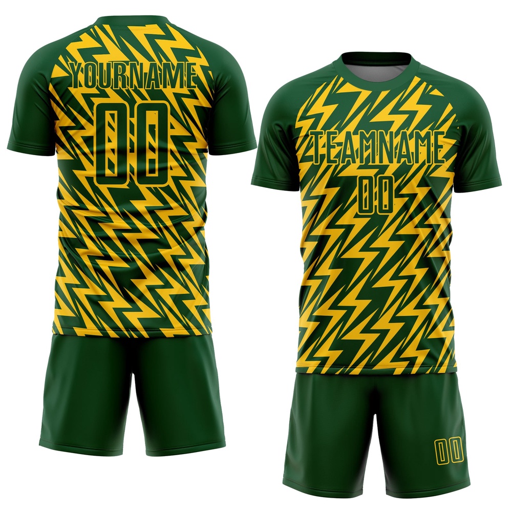 Green Yellow Lightning Sublimation Soccer Uniform Jersey, Custom Team Soccer Jersey Shirt