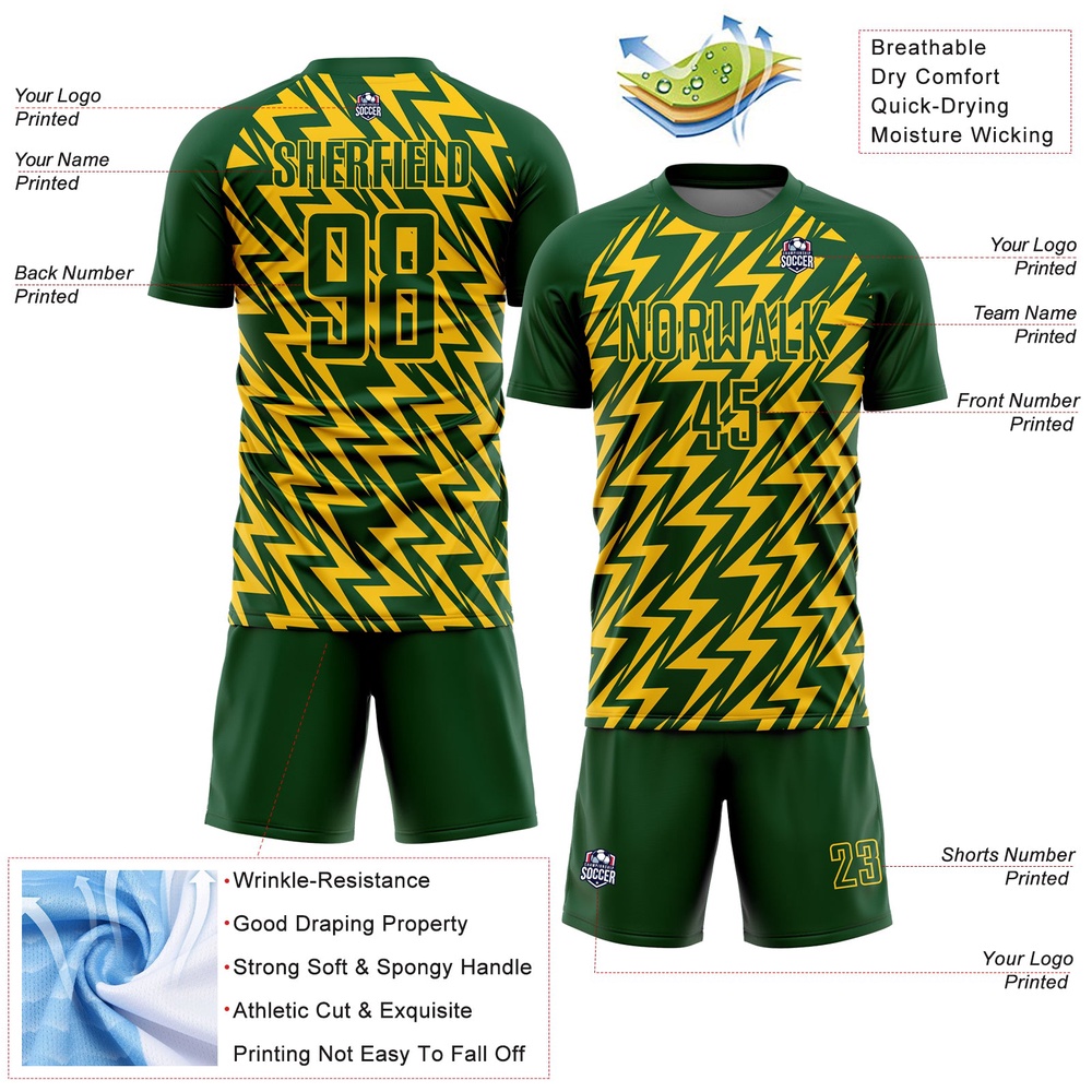 Green Yellow Lightning Sublimation Soccer Uniform Jersey, Custom Team Soccer Jersey Shirt