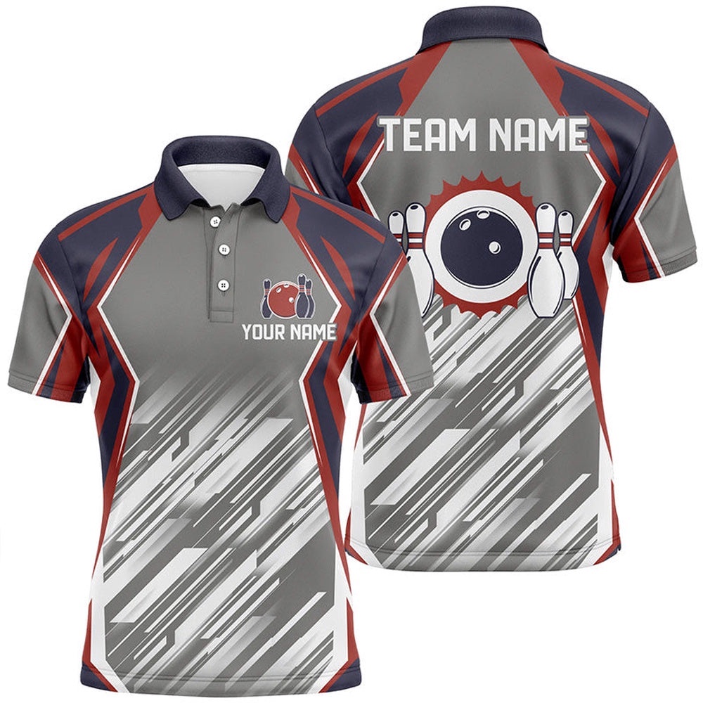 Grey Abstract Pattern Retro Bowling Ball And Pins Custom Team Men Bowling Polo Shirts, Personalized Bowling Team Shirt Grey Abstract Pattern Retro Bowling Ball And Pins Custom Team Men Bowling Polo Shirts, Personalized Bowling Team Shirt