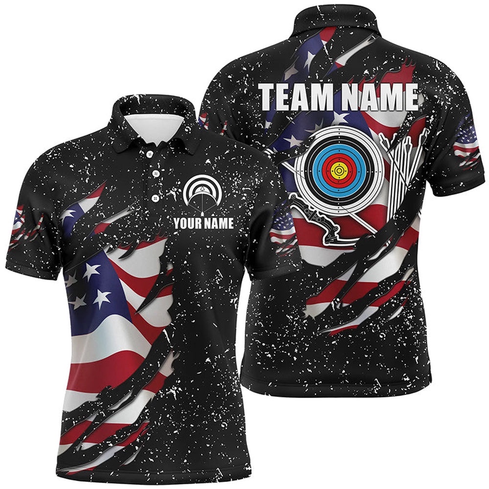 Grunge American Flag Target Archery Sets Men Polo Shirts Custom Patriotic Archery Jersey Attire, Custom Archery Team Polo Shirt