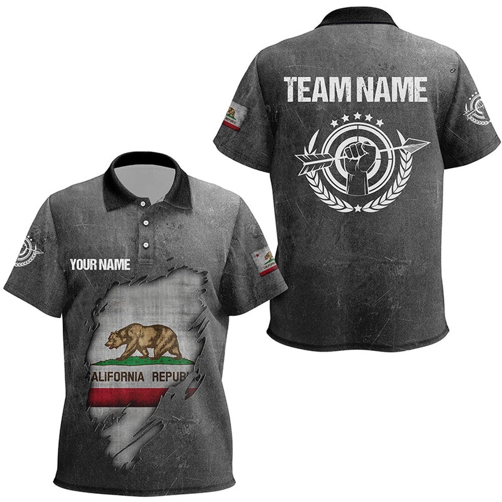 Grunge California Archery Polo Shirts, Custom California Flag Shirts For Archers, Custom Archery Team Polo Shirt Grunge California Archery Polo Shirts, Custom California Flag Shirts For Archers, Custom Archery Team Polo Shirt