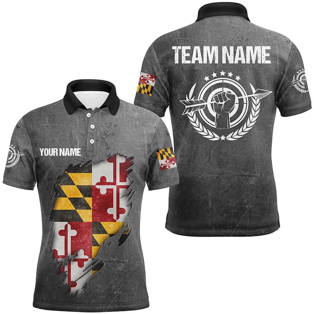 Grunge Maryland Archery Shirts For Men, Custom Maryland Flag Shirts For Archers, Custom Archery Team Polo Shirt