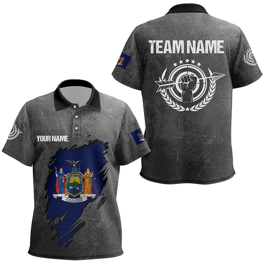 Grunge New York Archery Polo Shirts, Custom New York Flag Shirts For Archers, Custom Archery Team Polo Shirt