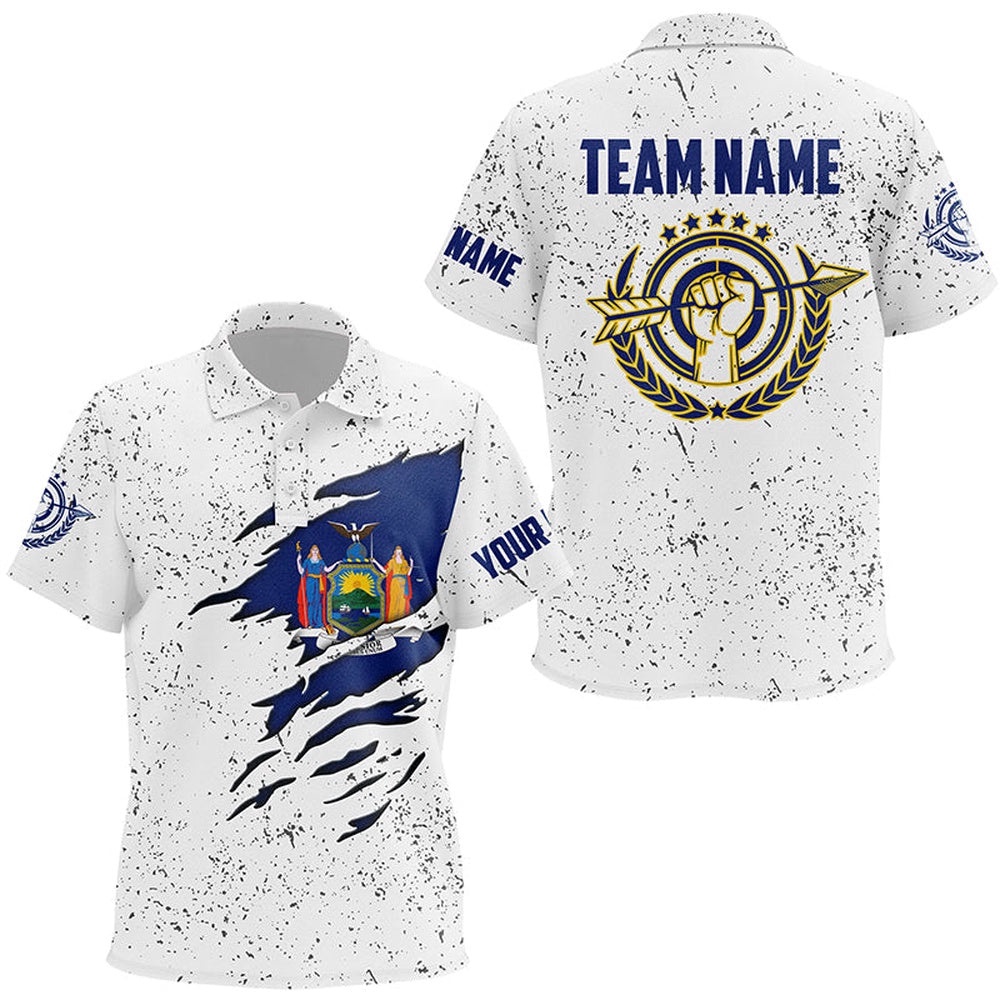 Grunge New York Archery Polo Shirts, Patriotic New York Flag Shirts For Archers, Custom Archery Team Polo Shirt