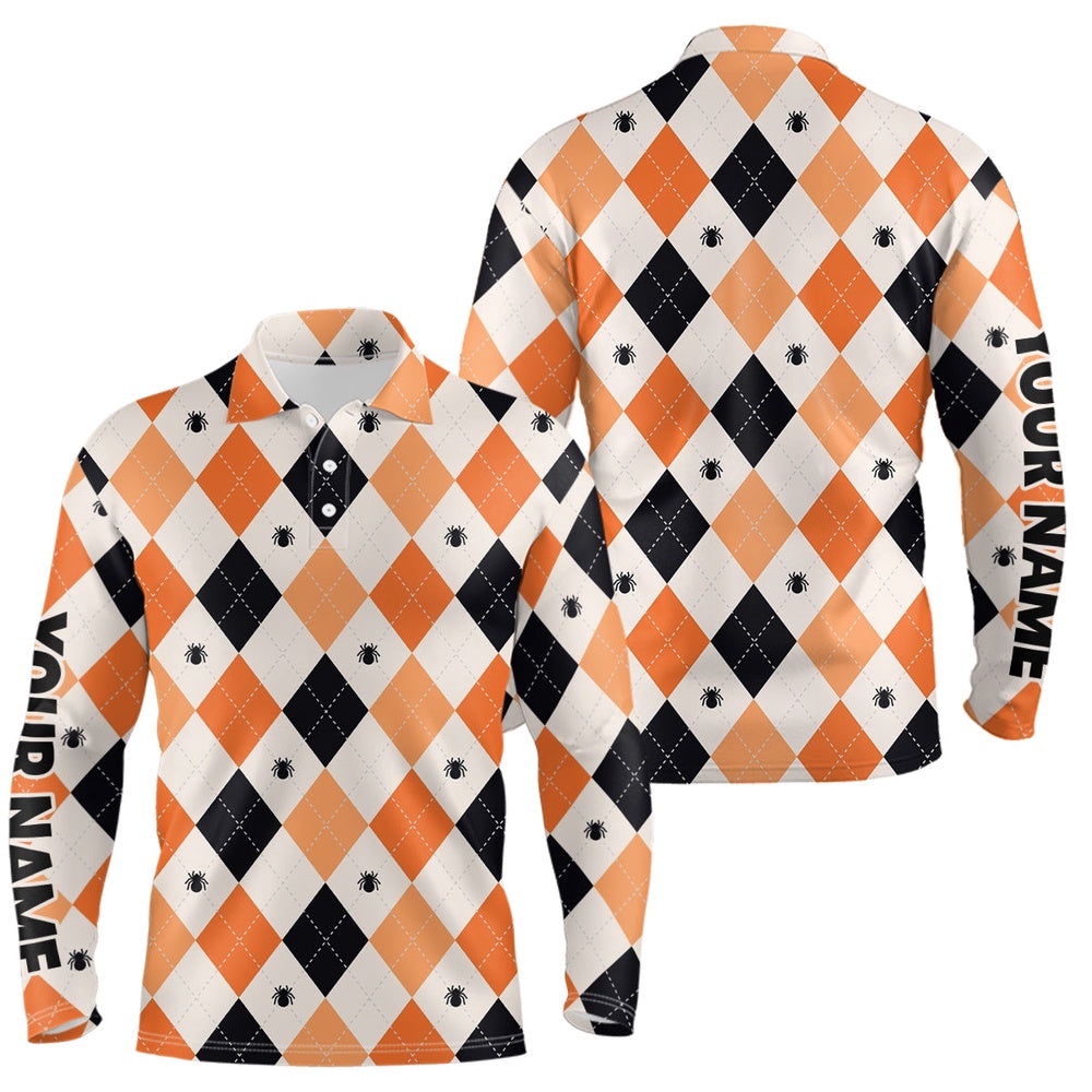 Halloween Argyle Plaid With Spider Men’s Golf Polo Shirts Orange Black Golf Shirts For Men, Golf Polo Shirt, Golf Shirts