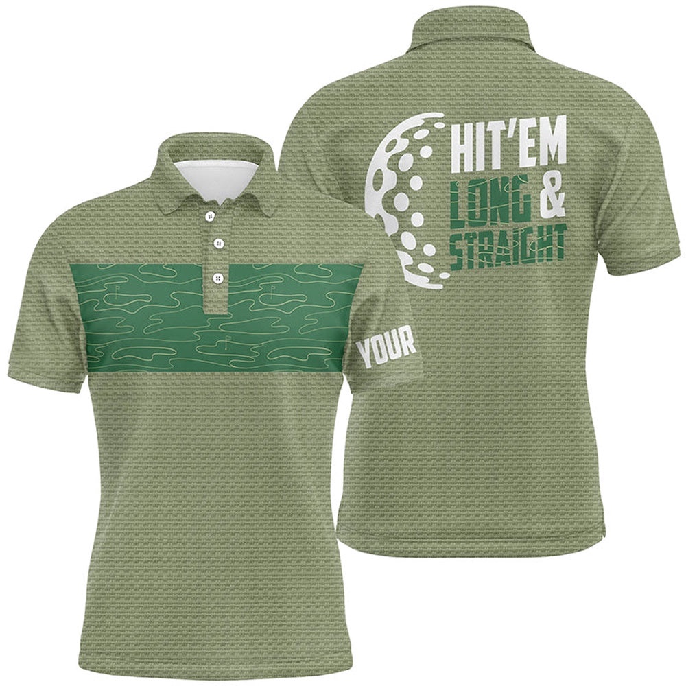 Hit ‘Em Long & Straight Golf Course Pattern Polo Shirts Custom Green Golf Shirts For Men, Golf Polo Shirt, Golf Shirts