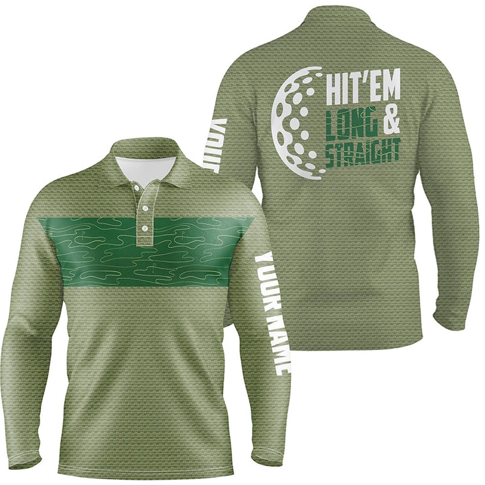 Hit ‘Em Long & Straight Golf Course Pattern Polo Shirts Custom Green Golf Shirts For Men, Golf Polo Shirt, Golf Shirts