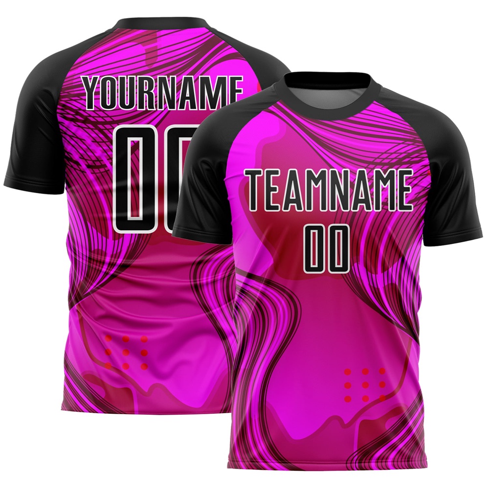 Hot Pink Black White Waves Sublimation Soccer Uniform Jersey, Custom Team Soccer Jersey Shirt