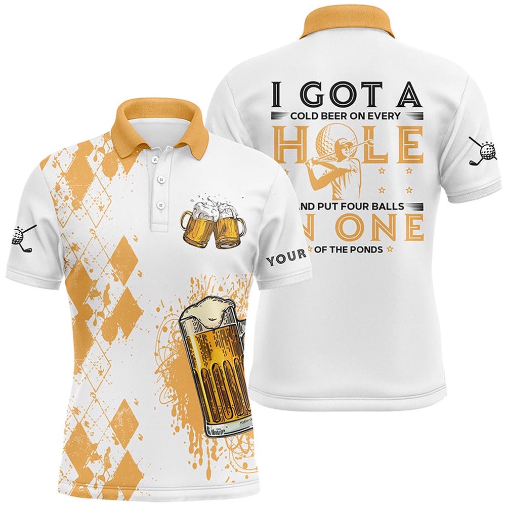 I Got A Cold Beer On Every Hole Yellow Argyle Men’s Golf Polo Shirts Beer Golf Shirts For Men, Golf Polo Shirt, Golf Shirts