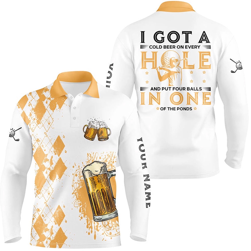 I Got A Cold Beer On Every Hole Yellow Argyle Men’s Golf Polo Shirts Beer Golf Shirts For Men, Golf Polo Shirt, Golf Shirts