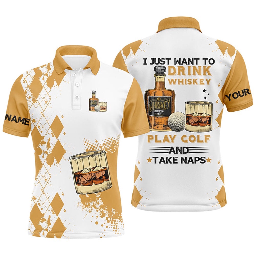 I Just Want To Drink Whiskey Golf Men’s Polo Shirts Customized Yellow Argyle Golf Shirts For Men, Golf Polo Shirt, Golf Shirts
