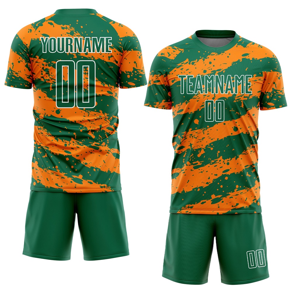 Kelly Green Bay Orange White Splash Sublimation Soccer Uniform Jersey, Custom Team Soccer Jersey Shirt Kelly Green Bay Orange White Splash Sublimation Soccer Uniform Jersey, Custom Team Soccer Jersey Shirt