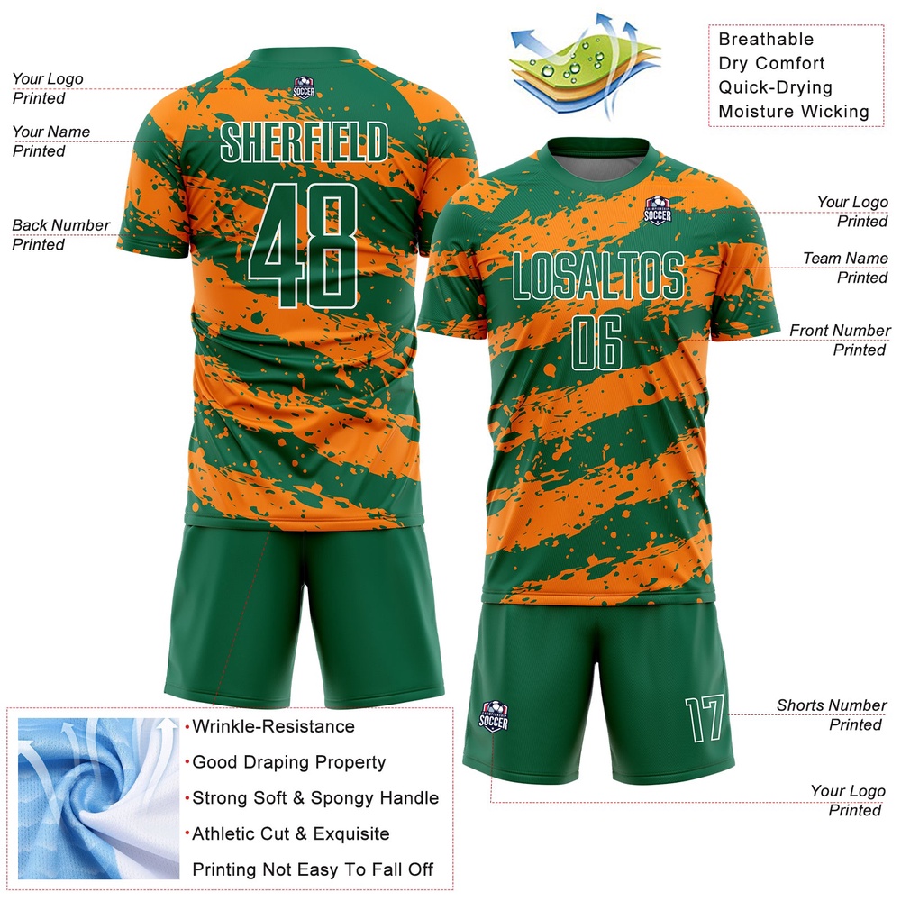Kelly Green Bay Orange White Splash Sublimation Soccer Uniform Jersey, Custom Team Soccer Jersey Shirt Kelly Green Bay Orange White Splash Sublimation Soccer Uniform Jersey, Custom Team Soccer Jersey Shirt