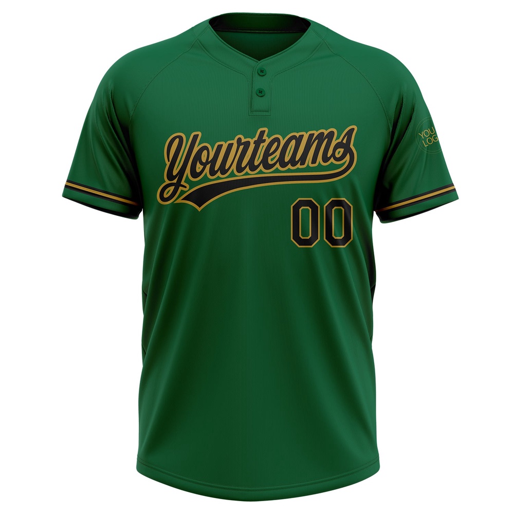 Kelly Green Black Old Gold Two Button Unisex Softball Jersey, Custom Team Softball Jersey Kelly Green Black Old Gold Two Button Unisex Softball Jersey, Custom Team Softball Jersey