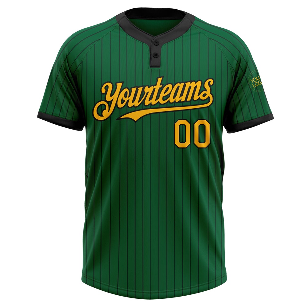 Kelly Green Black Pinstripe Gold Two Button Unisex Softball Jersey, Custom Team Softball Jersey Kelly Green Black Pinstripe Gold Two Button Unisex Softball Jersey, Custom Team Softball Jersey