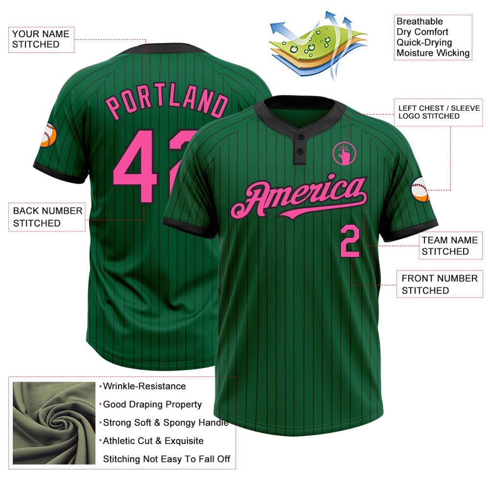 Kelly Green Black Pinstripe Pink Two Button Unisex Softball Jersey, Custom Team Softball Jersey Kelly Green Black Pinstripe Pink Two Button Unisex Softball Jersey, Custom Team Softball Jersey