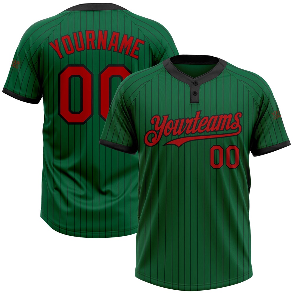 Kelly Green Black Pinstripe Red Two Button Unisex Softball Jersey, Custom Team Softball Jersey Kelly Green Black Pinstripe Red Two Button Unisex Softball Jersey, Custom Team Softball Jersey