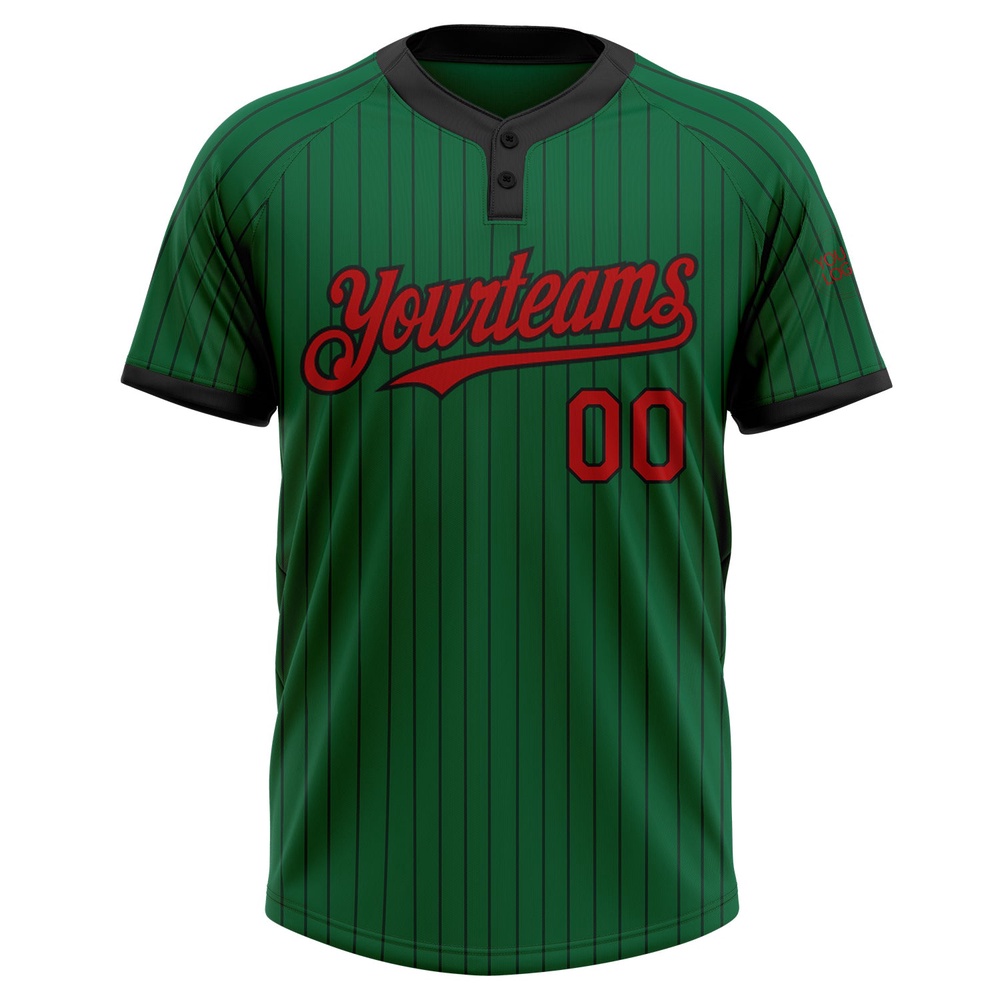 Kelly Green Black Pinstripe Red Two Button Unisex Softball Jersey, Custom Team Softball Jersey Kelly Green Black Pinstripe Red Two Button Unisex Softball Jersey, Custom Team Softball Jersey