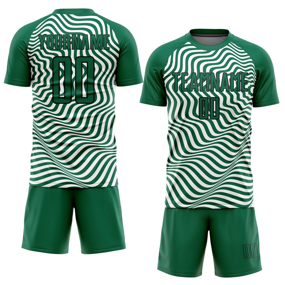 Kelly Green Black White Wavy Lines Sublimation Soccer Uniform Jersey, Custom Team Soccer Jersey Shirt Kelly Green Black White Wavy Lines Sublimation Soccer Uniform Jersey, Custom Team Soccer Jersey Shirt