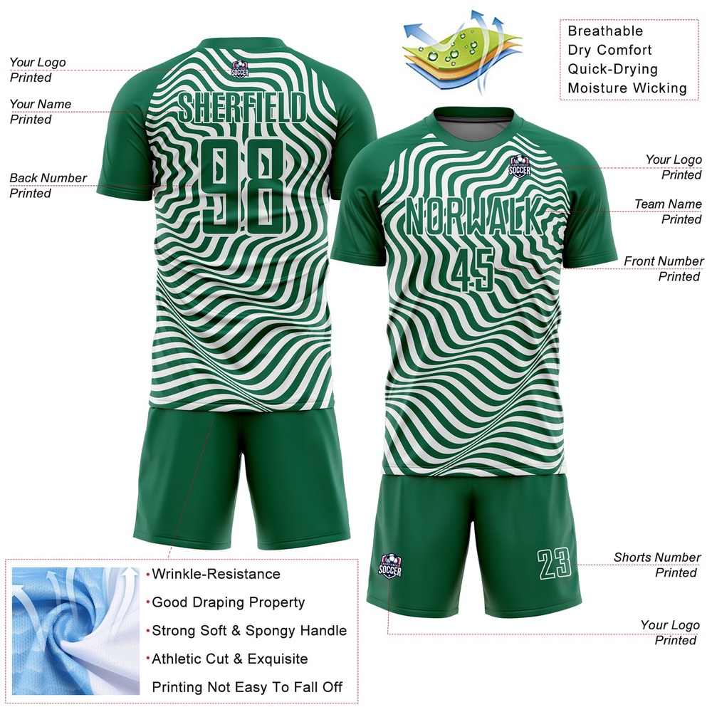 Kelly Green Black White Wavy Lines Sublimation Soccer Uniform Jersey, Custom Team Soccer Jersey Shirt Kelly Green Black White Wavy Lines Sublimation Soccer Uniform Jersey, Custom Team Soccer Jersey Shirt