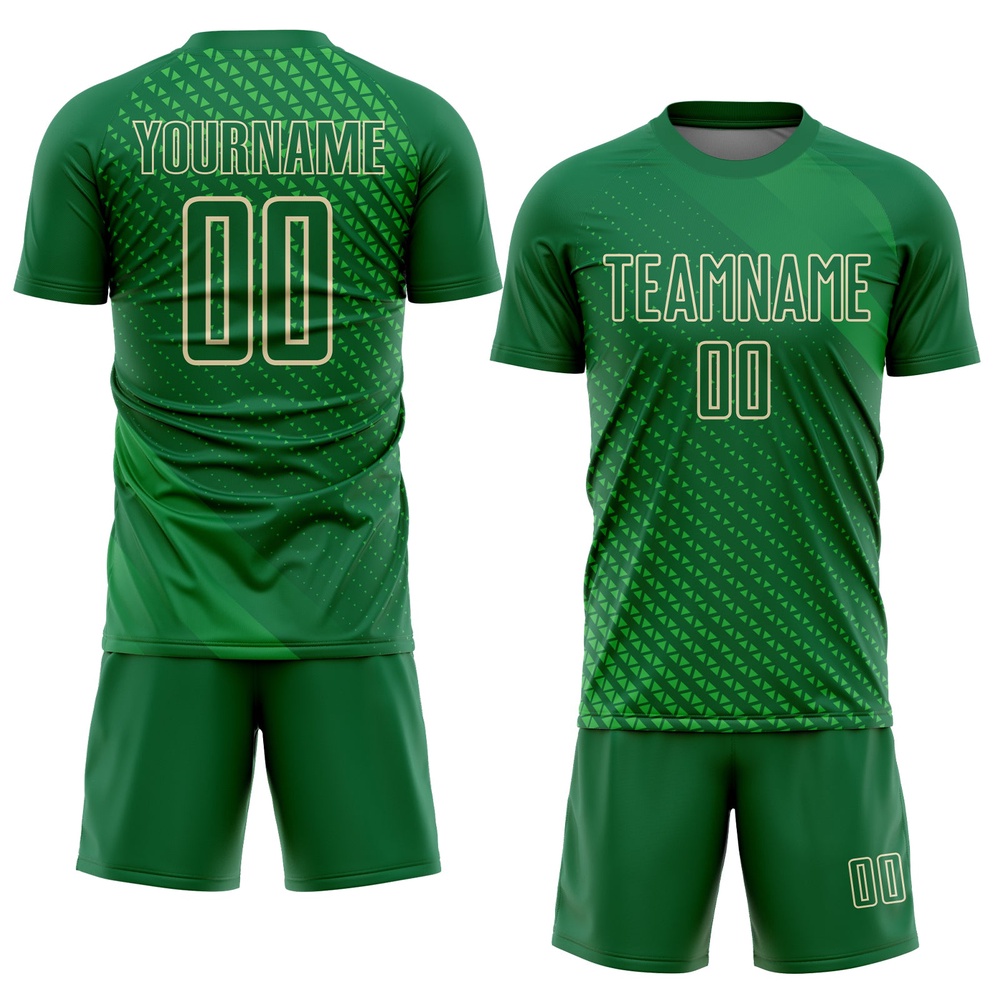 Kelly Green City Cream Geometric Shapes Sublimation Soccer Uniform Jersey, Custom Team Soccer Jersey Shirt Kelly Green City Cream Geometric Shapes Sublimation Soccer Uniform Jersey, Custom Team Soccer Jersey Shirt