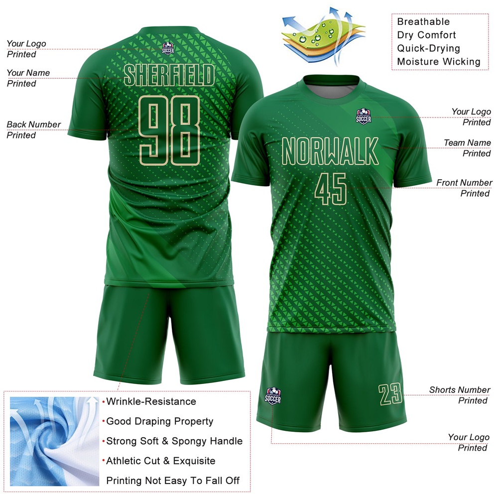 Kelly Green City Cream Geometric Shapes Sublimation Soccer Uniform Jersey, Custom Team Soccer Jersey Shirt Kelly Green City Cream Geometric Shapes Sublimation Soccer Uniform Jersey, Custom Team Soccer Jersey Shirt