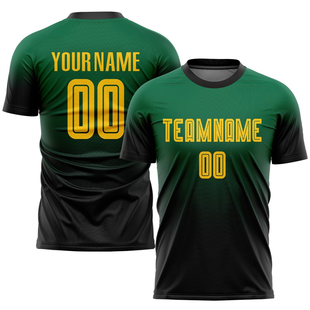 Kelly Green Gold Black Sublimation Fade Fashion Soccer Uniform Jersey, Custom Team Soccer Jersey Shirt