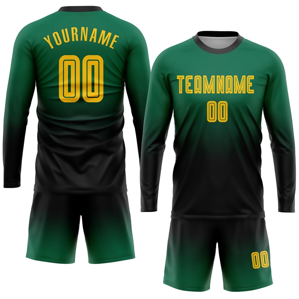 Kelly Green Gold Black Sublimation Long Sleeve Fade Fashion Soccer Uniform Jersey, Custom Team Soccer Jersey Shirt