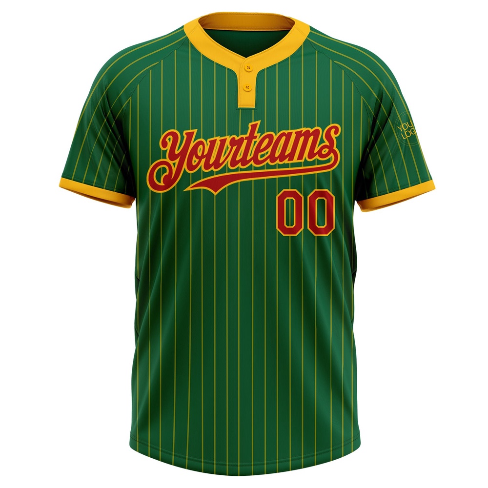 Kelly Green Gold Pinstripe Red Two Button Unisex Softball Jersey, Custom Team Softball Jersey Kelly Green Gold Pinstripe Red Two Button Unisex Softball Jersey, Custom Team Softball Jersey