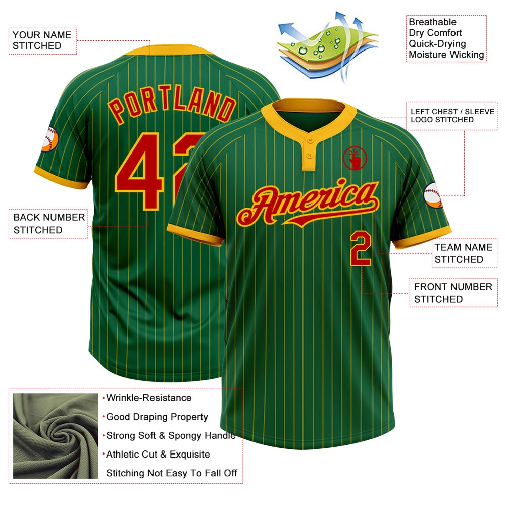 Kelly Green Gold Pinstripe Red Two Button Unisex Softball Jersey, Custom Team Softball Jersey Kelly Green Gold Pinstripe Red Two Button Unisex Softball Jersey, Custom Team Softball Jersey